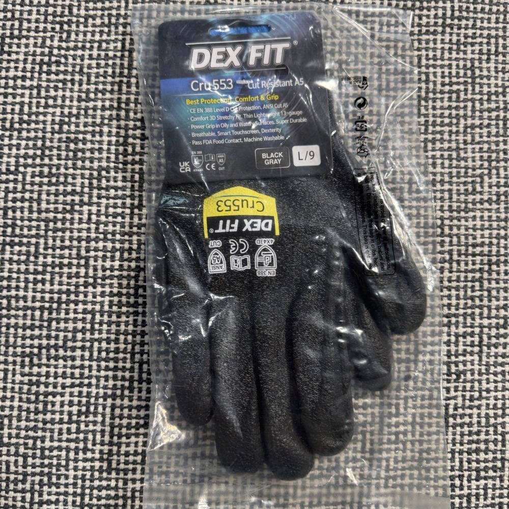 DEX FIT Cru553 Cut Resistant A5 Gloves Black Gray Mens Large L/9 Touchscreen New